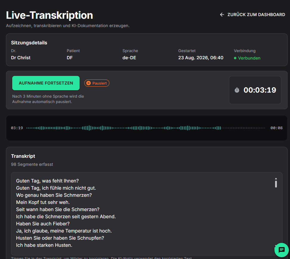 Devinote Live-Transkription mit Sitzungsdaten, Aufnahme und Transkript