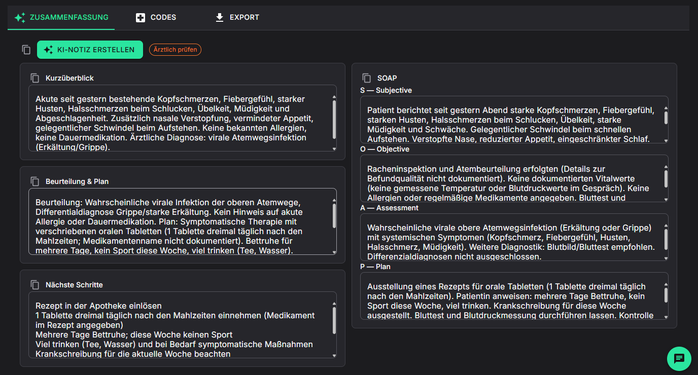 Devinote KI-Notiz mit Kurzüberblick, Plan, nächsten Schritten und SOAP