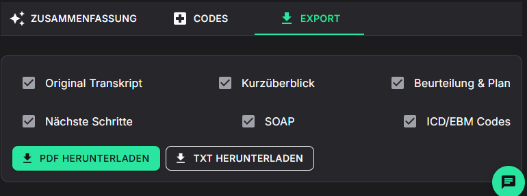 Devinote-Export von Transkript, Notiz und Codes als PDF oder TXT