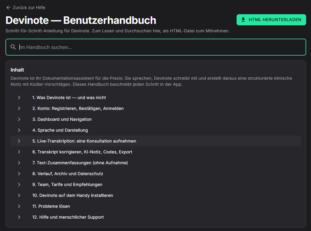 Devinote Handbuch, Inhaltsverzeichnis