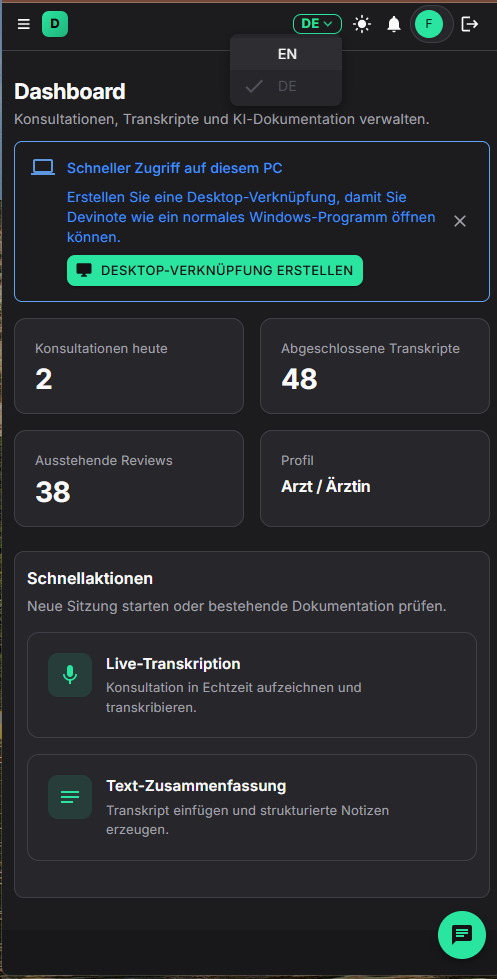 Devinote Dashboard mit Kennzahlen und Schnellaktionen